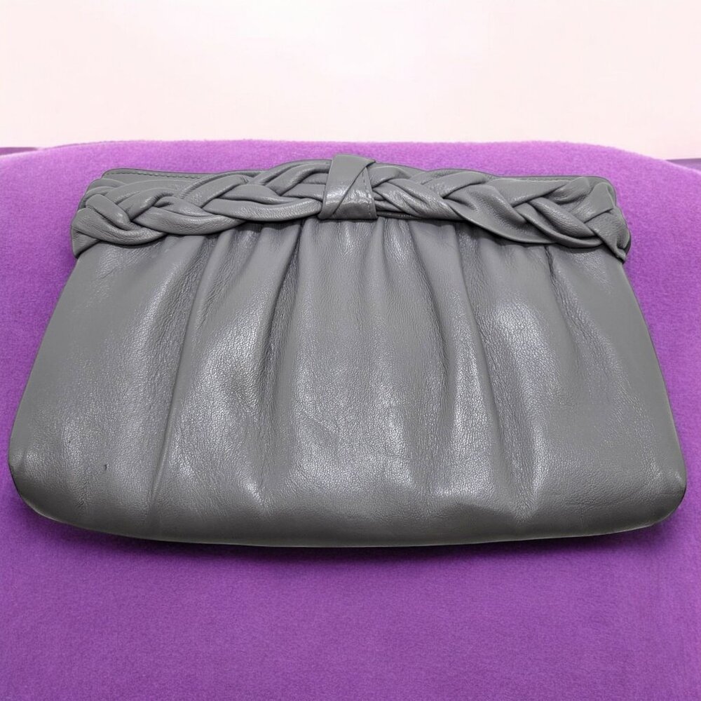 Vintage Gray Faux Leather Clutch Purse With Braided Top & Retractable Strap 10"
